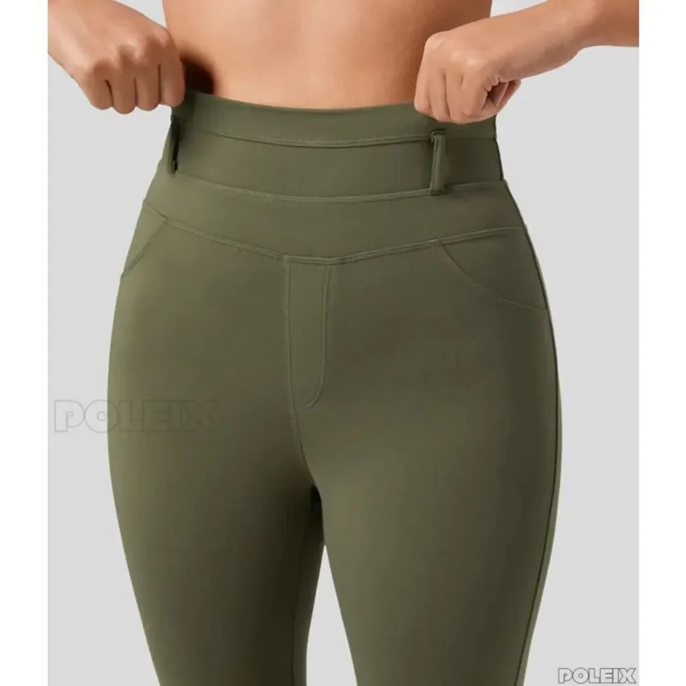 Halara Army Green High Waisted 7/8 Leggings Back Pockets Workout Yoga L NWT